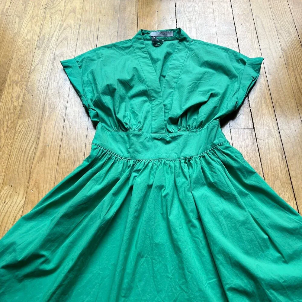 Marella Size 2 Emerald Green Bobbio Cotton Ruched Cap Sleeve A-Line Midi Dress - Picture 4 of 16